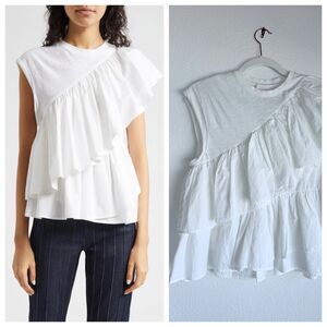 NWOT Cinq à Sept Micki Asymmetric Ruffle Cap Sleeve Cotton Top In White Size XS